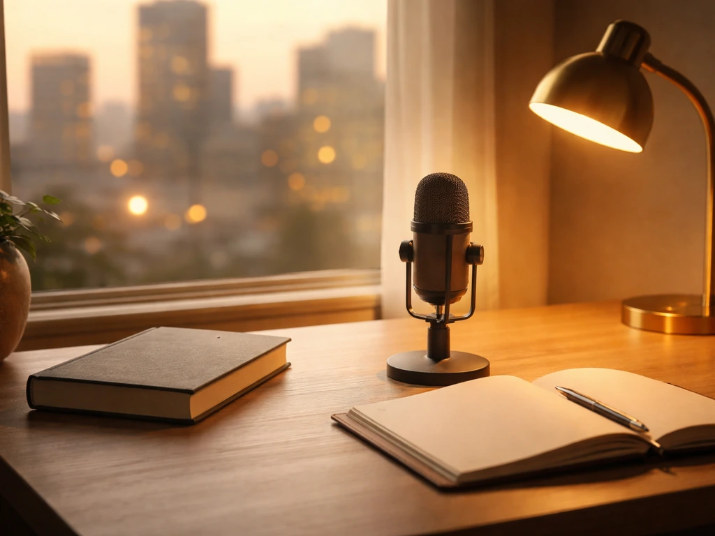 Minimal home office desk with studio microphone and warm light, symbolizing media and finances.