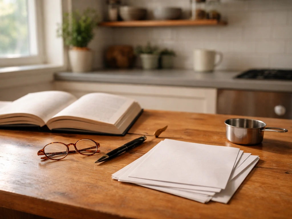 Minimal kitchen writer’s desk with an open cookbook and tools symbolizing an author’s money-focused profile.