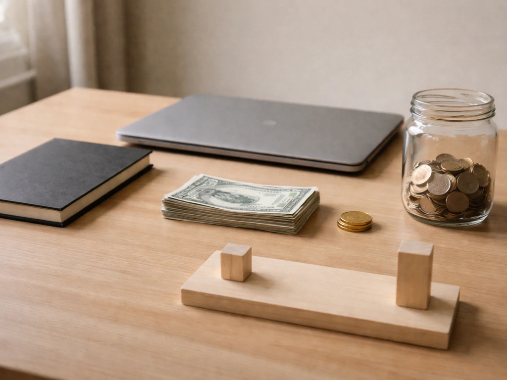 Minimal desk scene with money and coins arranged to suggest a low-to-high net worth range.