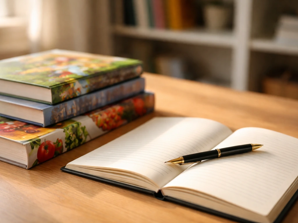 Stacked books and an open notebook with a pen on a desk, symbolizing royalties and publishing contracts.