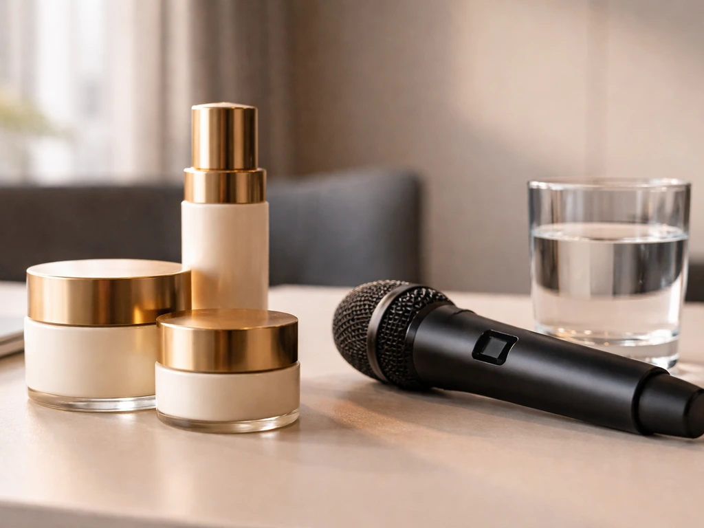 Tan cream skincare jars and a microphone on a desk, symbolizing a business pitch and valuation topic.