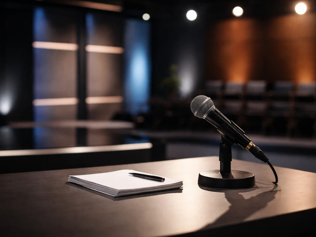 Warm-lit studio scene with an entrepreneur-like desk setup and a microphone, suggesting a Dragon’s Den pitch