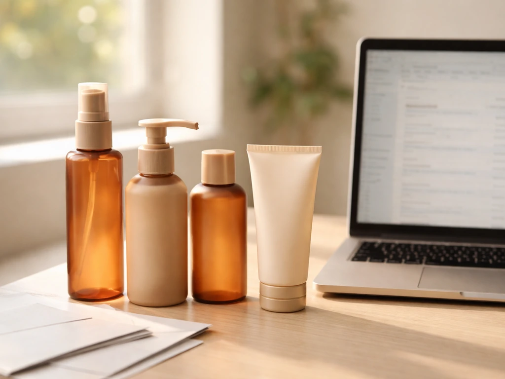 Tancream tanning products beside an anonymous laptop showing a quiet checkout/order-like desk scene