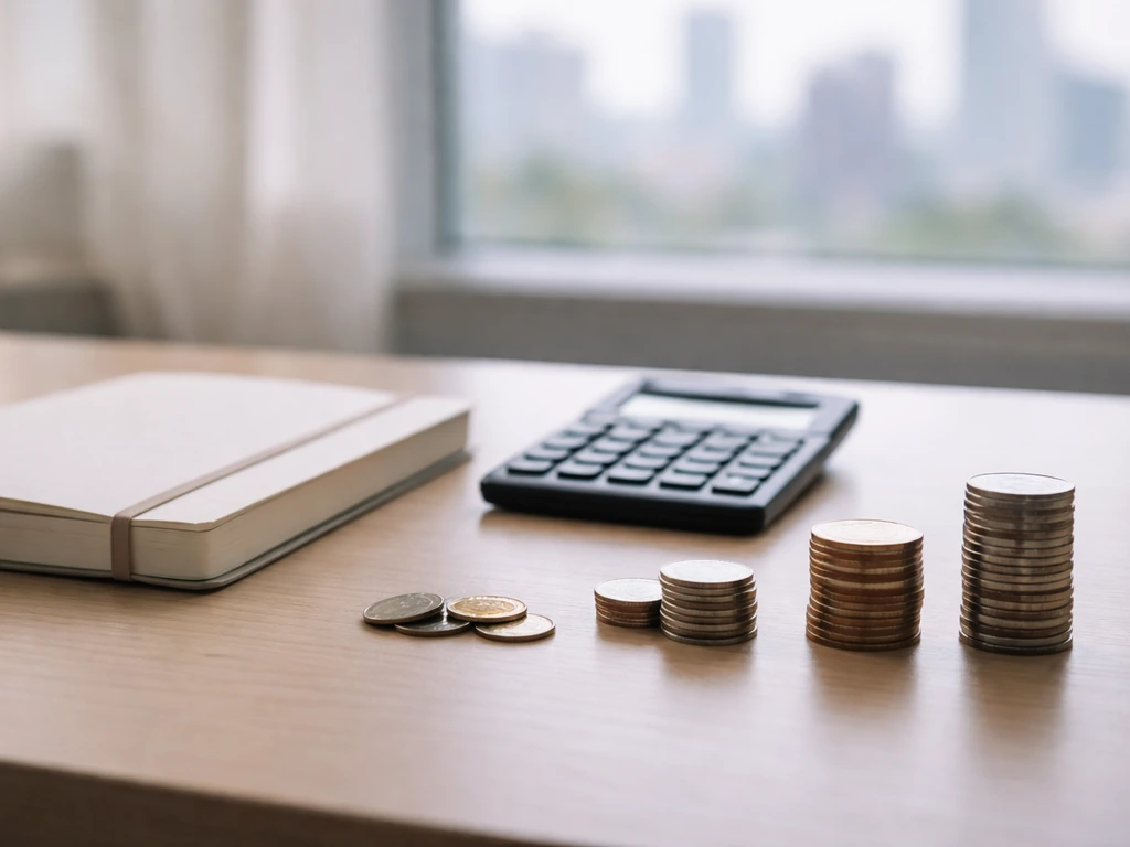 Minimal desk scene with a blank notebook, calculator, and coins suggesting conservative vs aggressive net worth assumpti