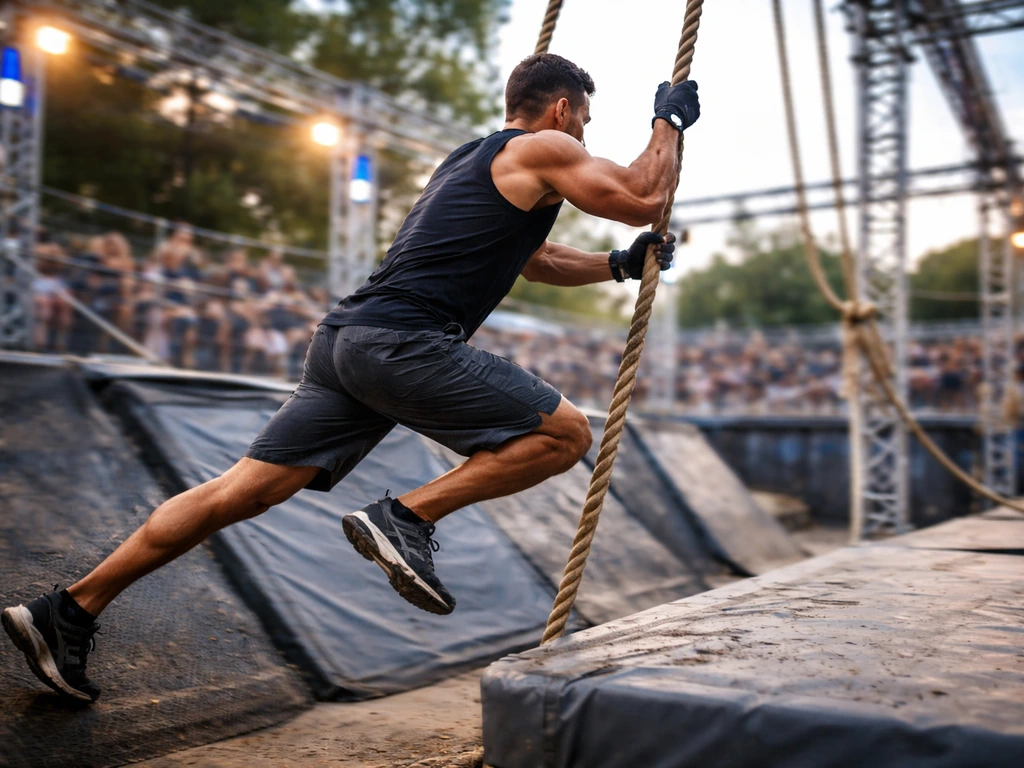 Anonymous athlete sprinting through an obstacle course with blurred judge stands in the background.
