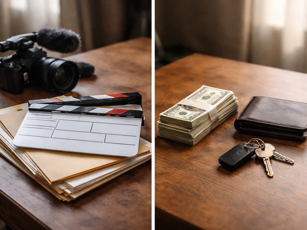 Close-up tabletop split between blank media/production items and personal asset objects.