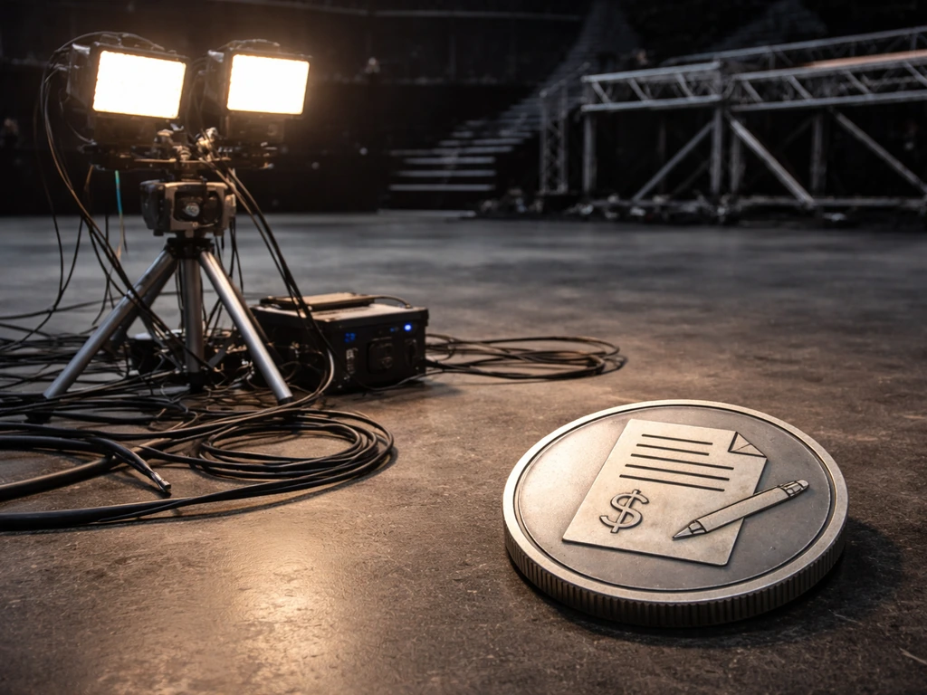 Broadcast lighting rig on a dark arena floor with a symbolic contract/payout token nearby.