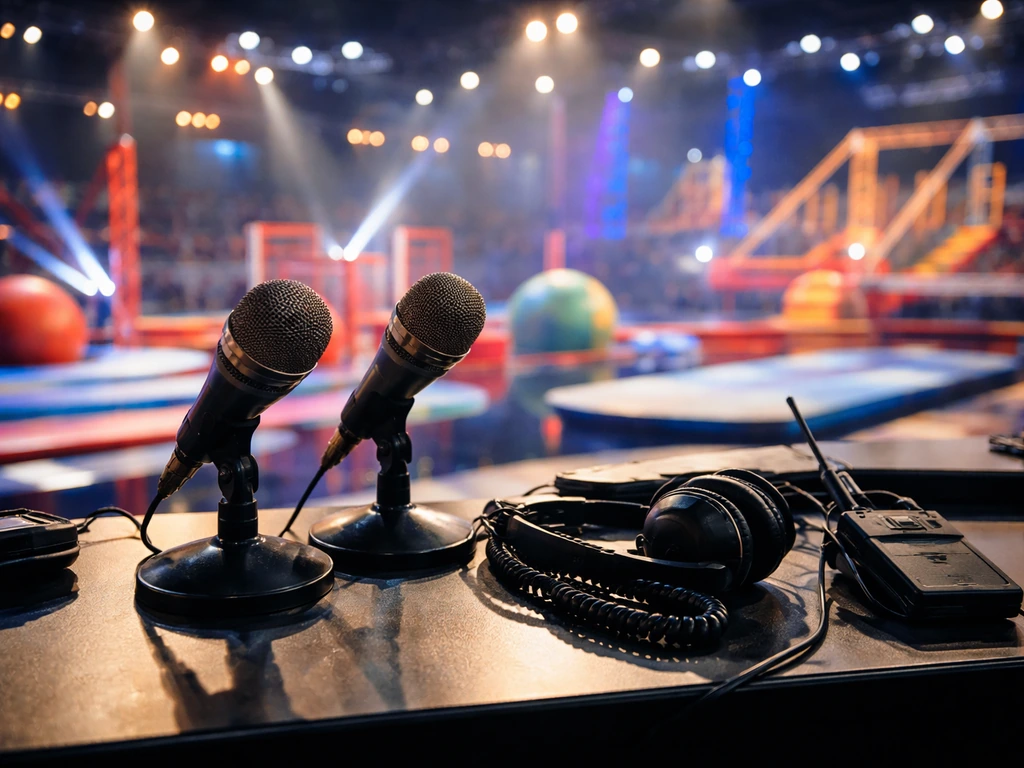 American Ninja Warrior host desk scene with microphones and warm studio lights, no people shown