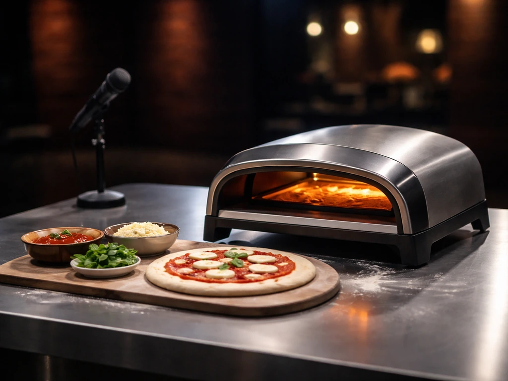 A cozy studio kitchen set with a pizza-making gadget and a mic, suggesting a Dragons’ Den pitch