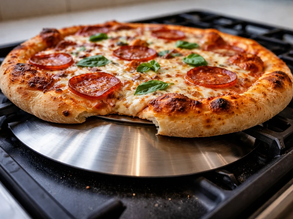 Close-up of a convex stainless-steel pizza support disc sliding under a pizza center on a stovetop.