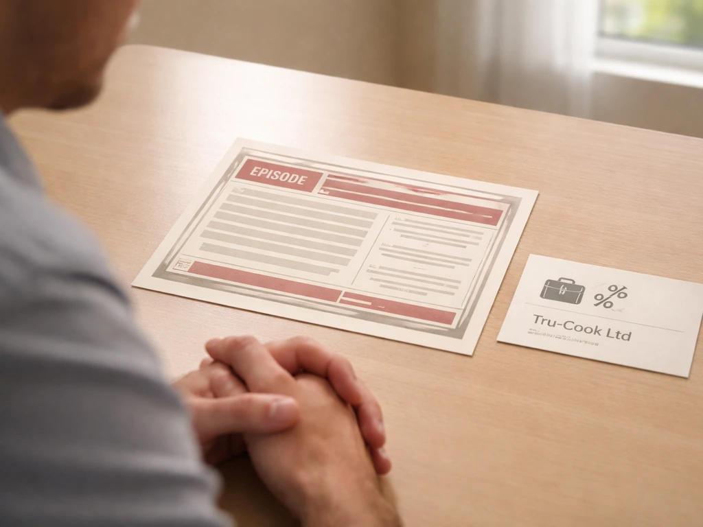 Minimal desk scene with a BBC-style Dragons’ Den episode listing card and a deal cue for Tru-Cook Ltd
