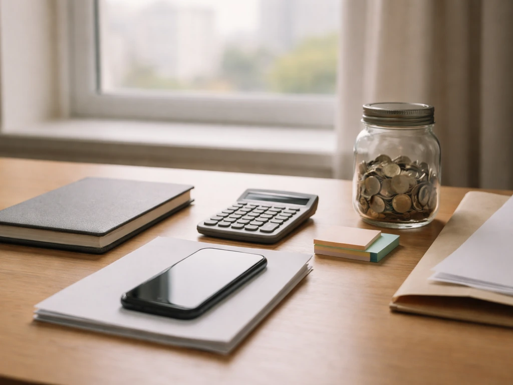 Minimal desk scene with calculator and blank papers suggesting uncertain valuation over time