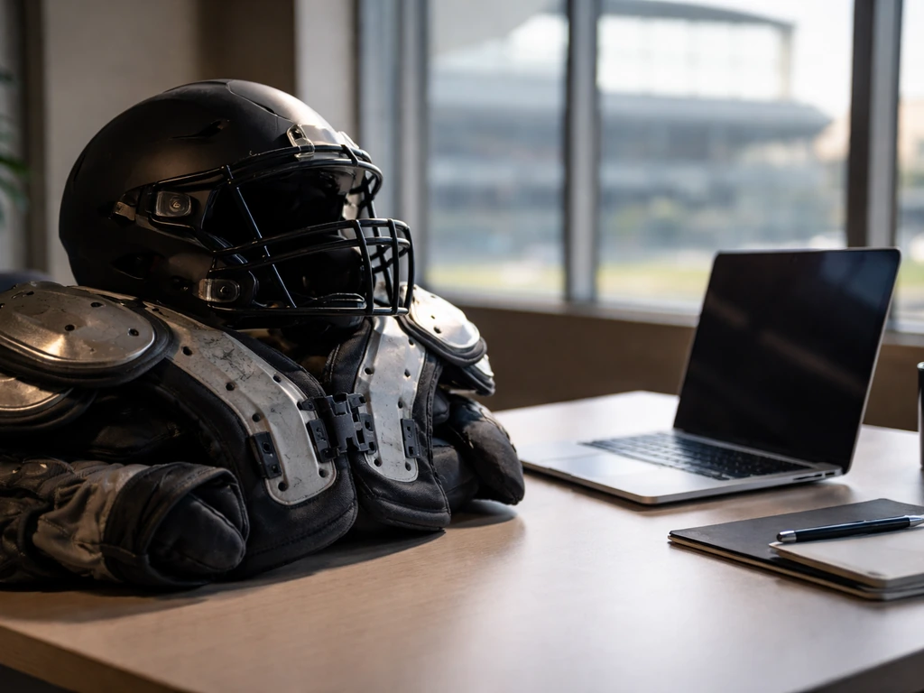 Minimal finance-themed office scene with sports equipment and a laptop, symbolizing Warrior Sports brand value