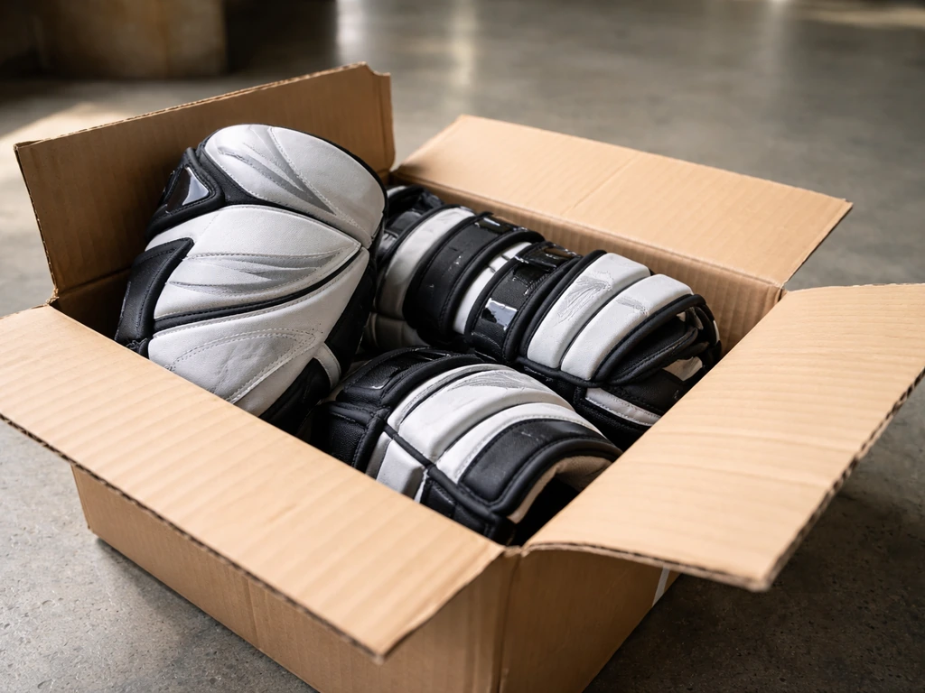 Close-up of stacked hockey gear in an open shipping box with subtle brand-like markings.