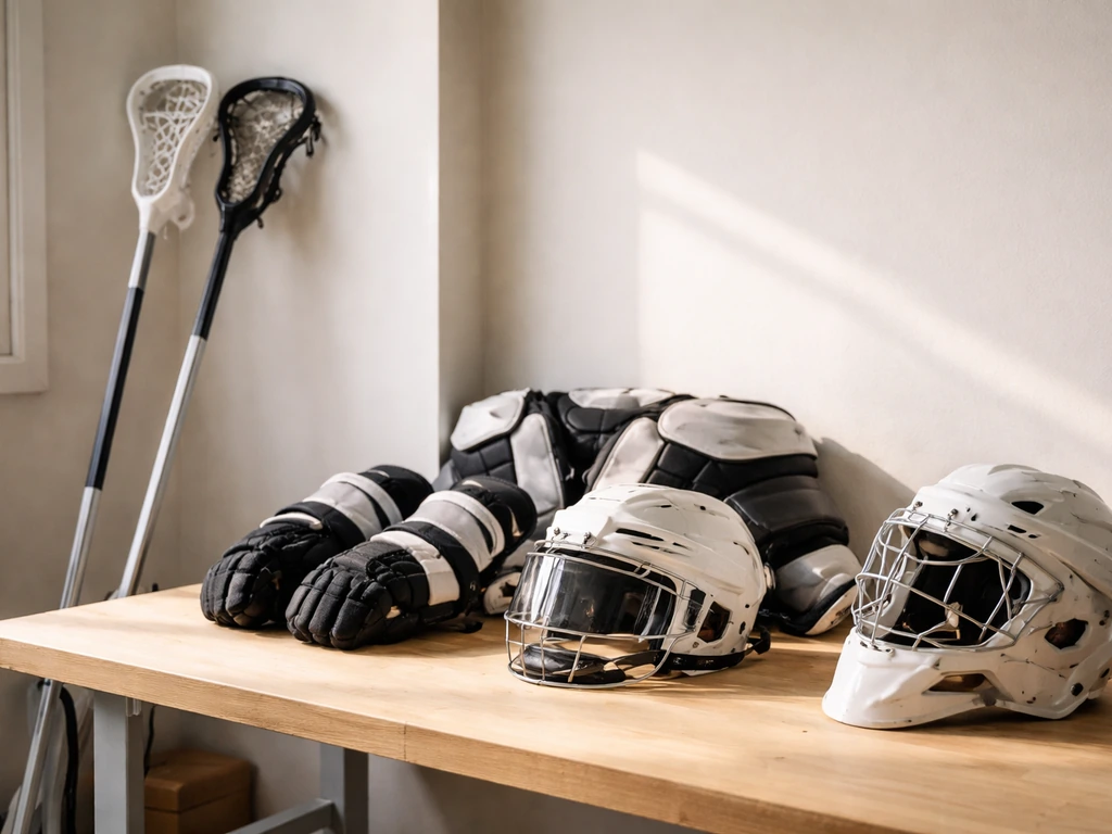 Minimal tabletop display of lacrosse sticks and ice hockey protective gear arranged in neat clusters.