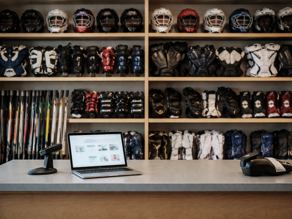 Specialty sporting goods store counter with hockey and lacrosse gear on shelves and a laptop showing an online store pag