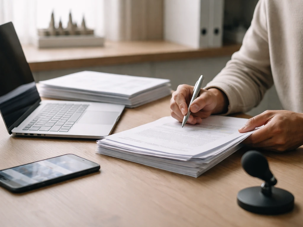 Person reviewing financial documents and a laptop with business websites open, verification vibe